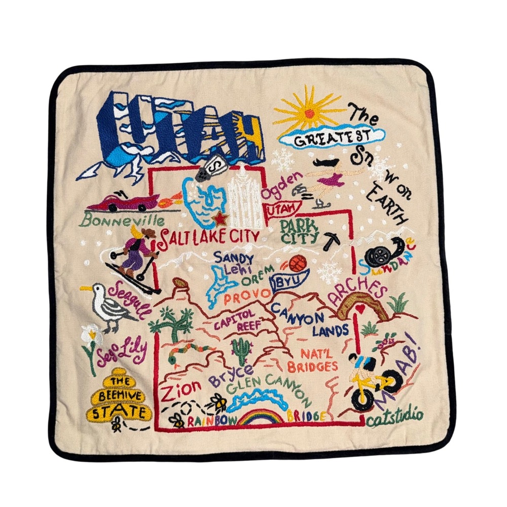 Catstudio Utah Pillow Cover Unisex 20x20 Tan Excellent Hand Embroidered Map